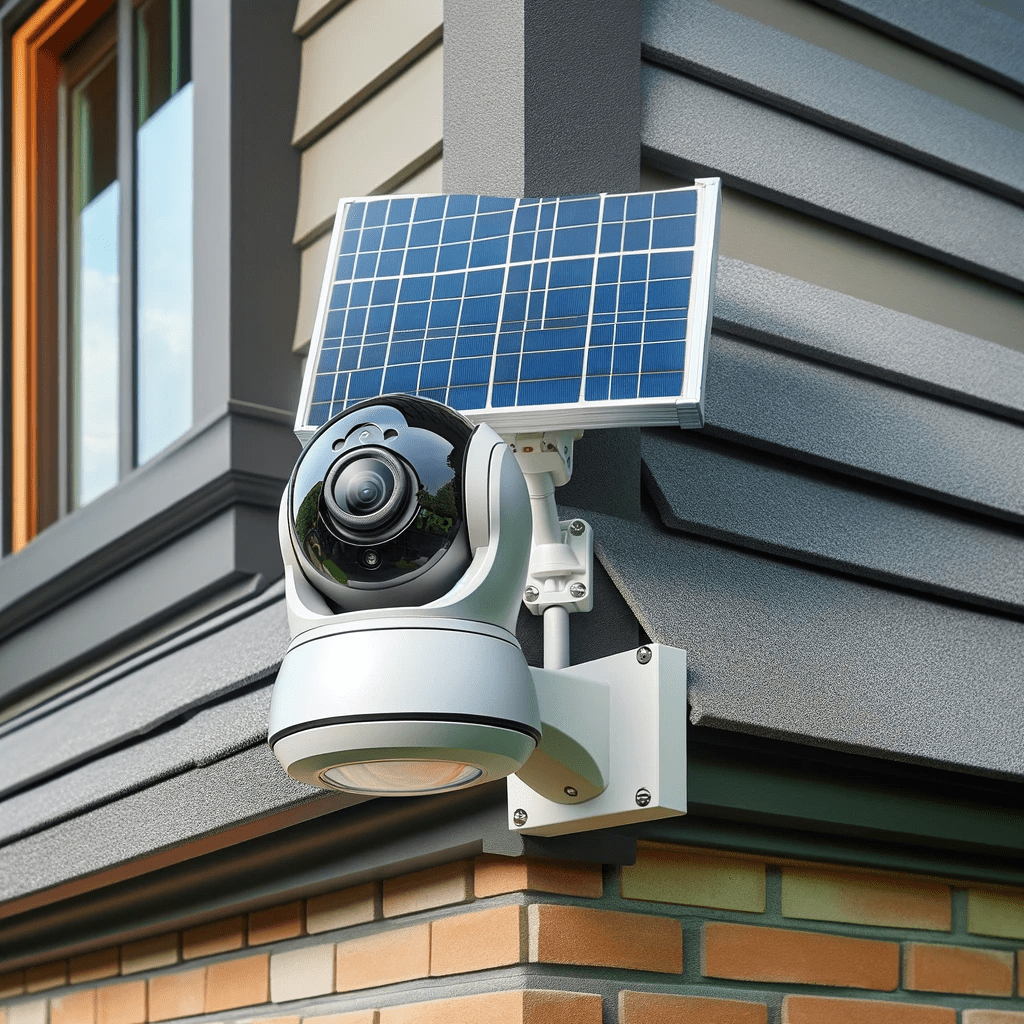 Une camera installer a à l'extérieur d'une maison alimenté par un petit panneau solaire