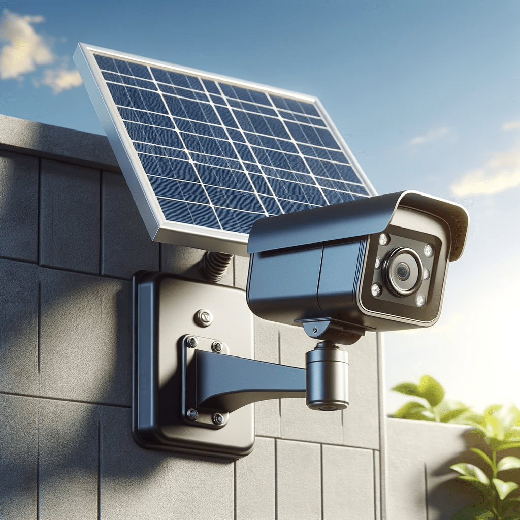 une camera sur un angle d'une maison installé à l'extérieur avec un panneau solaire