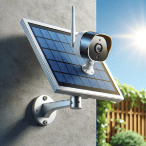 Une caméra de surveillance extérieure alimentée par l'énergie solaire est fixée sur un mur, avec une vue dégagée sur un jardin. Il fait beau avec un ciel bleu et le panneau solaire de la caméra est clairement visible, orienté vers les rayons du soleil. La caméra présente un design moderne et épuré, avec une antenne pour la connectivité Wi-Fi ou 4G.