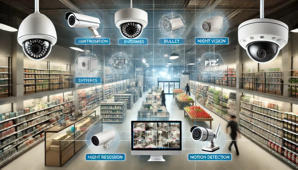 Image montrant un système de caméras de surveillance dans un magasin de détail avec différents types de caméras comme des dômes, des bullets et des PTZ installées à divers endroits, y compris les entrées, les allées et les zones de caisse. L'image inclut des éléments visuels comme des flux vidéo clairs provenant des caméras, mettant en avant la haute résolution, la vision nocturne et la détection de mouvement, avec en arrière-plan un environnement de magasin moderne avec des étagères, des produits et des clients.