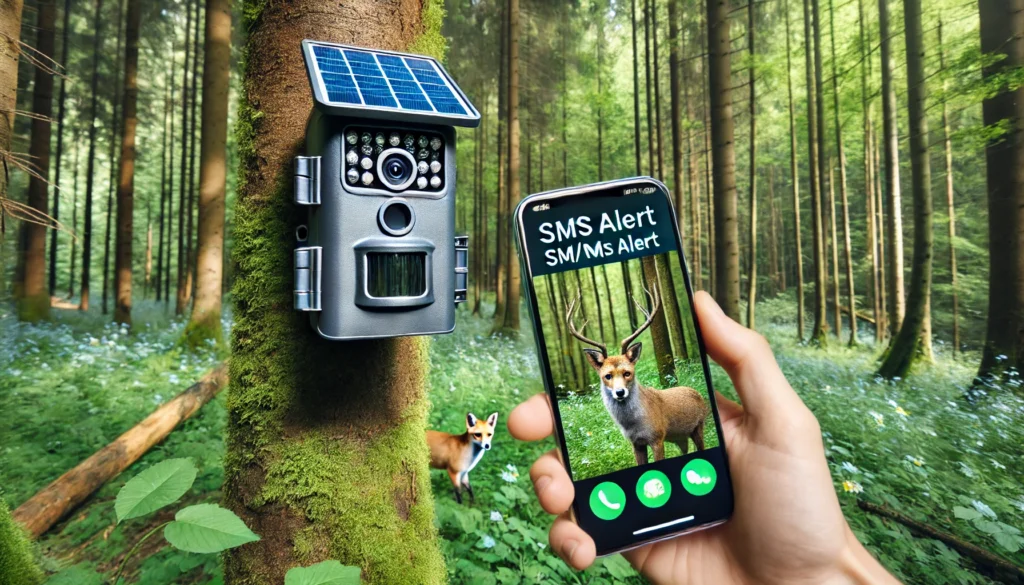 Caméra de chasse moderne montée sur un arbre dans une forêt dense, équipée d'un panneau solaire, capturant des photos d'animaux sauvages. Un smartphone au premier plan affiche une alerte SMS avec l'image de l'animal capturé