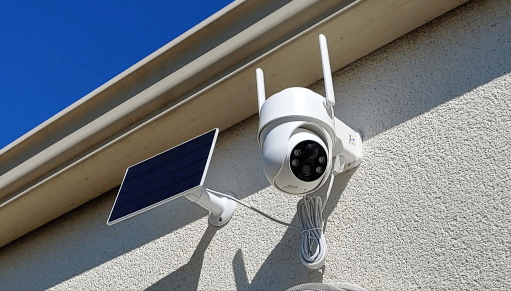 une caméra de surveillance solaire fixer sur un mur extérieur d'une maison