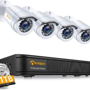 Contenu d'un pack complet de surveillance avec DVR, caméras, et accessoires nécessaires.