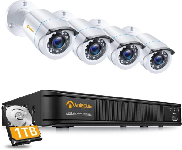 Contenu d'un pack complet de surveillance avec DVR, caméras, et accessoires nécessaires.