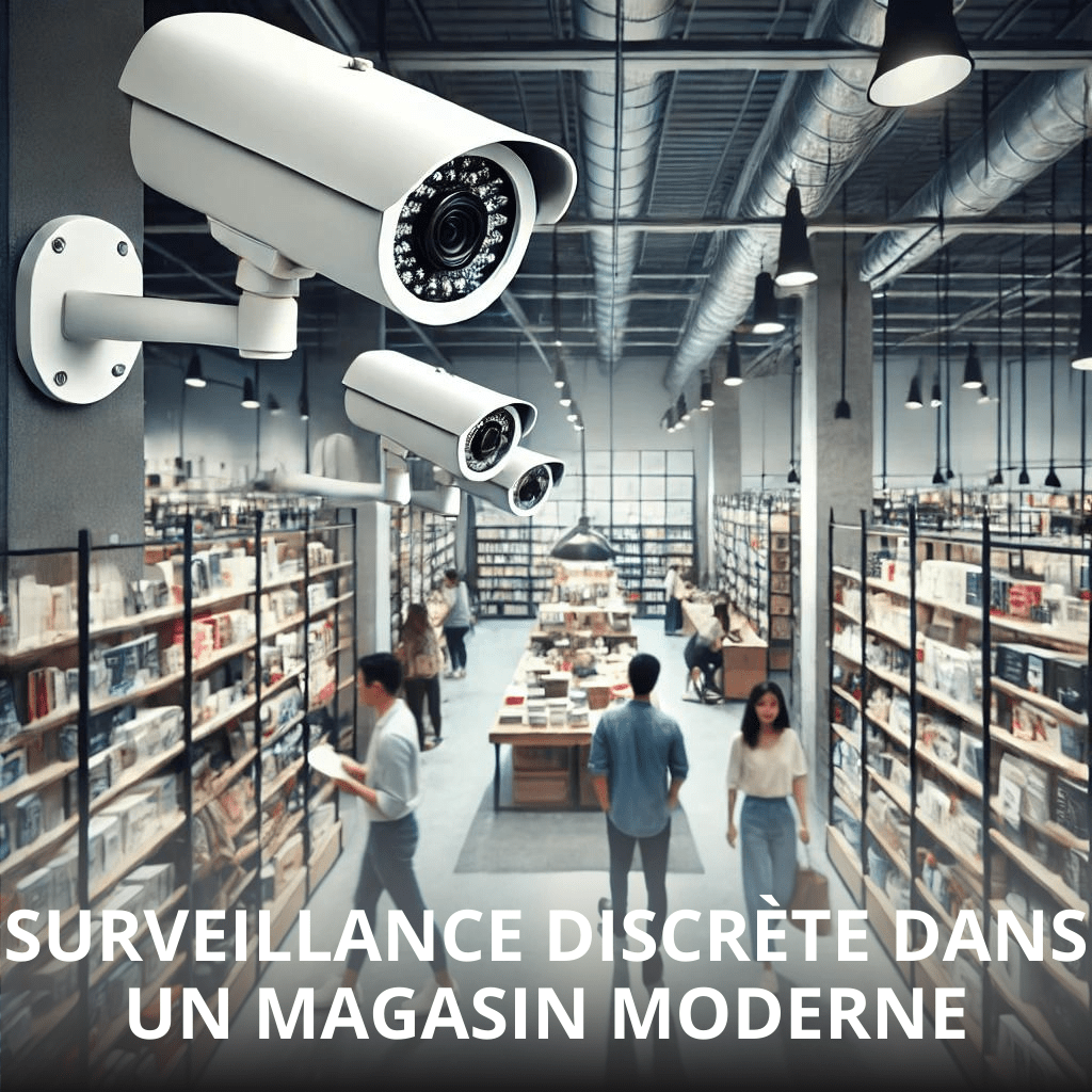 Image d'un magasin de détail moderne équipé de caméras de sécurité visibles, illustrant un environnement accueillant tout en assurant la surveillance des clients.