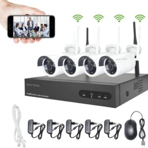 Image complète d'un kit de 8 caméras de surveillance intérieure pour magasin, prêtes à l'emploi.