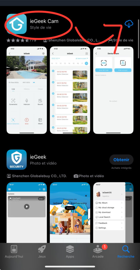 Capture d'écran de l'application IEGEEK de la camera de surveillance IEGEEK pour le telechargement